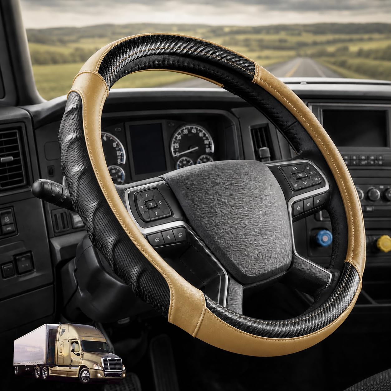 18 Inch Semi Truck Steering Wheel Cover for Freightliner Cascadia, Kenworth T680 T880, Peterbilt 579 &amp; Volvo VNL – Heavy Duty Anti-Slip Leather Grip for Big Rig Class 8 Trucks – Brown