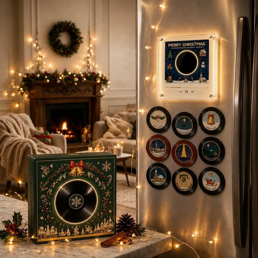Christmas Mini Fridge Record Player, NFC-Enabled Magnetic Music Box Set with USB-C, Programmable Vinyl Record Player with 9 Labeled Discs, Fridge Magnet Decor, for Home,1SET