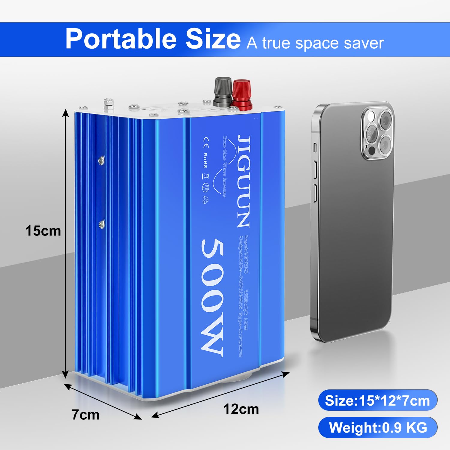 JIGUUN 500W Inversor 12V 220V Onda Pura Convertidor Inverter | Potencia máxima 1000W con 1 enchufe EU 2 puertos USB 2 puertos tipo C 30W para coche, camping, viajes y emergencias