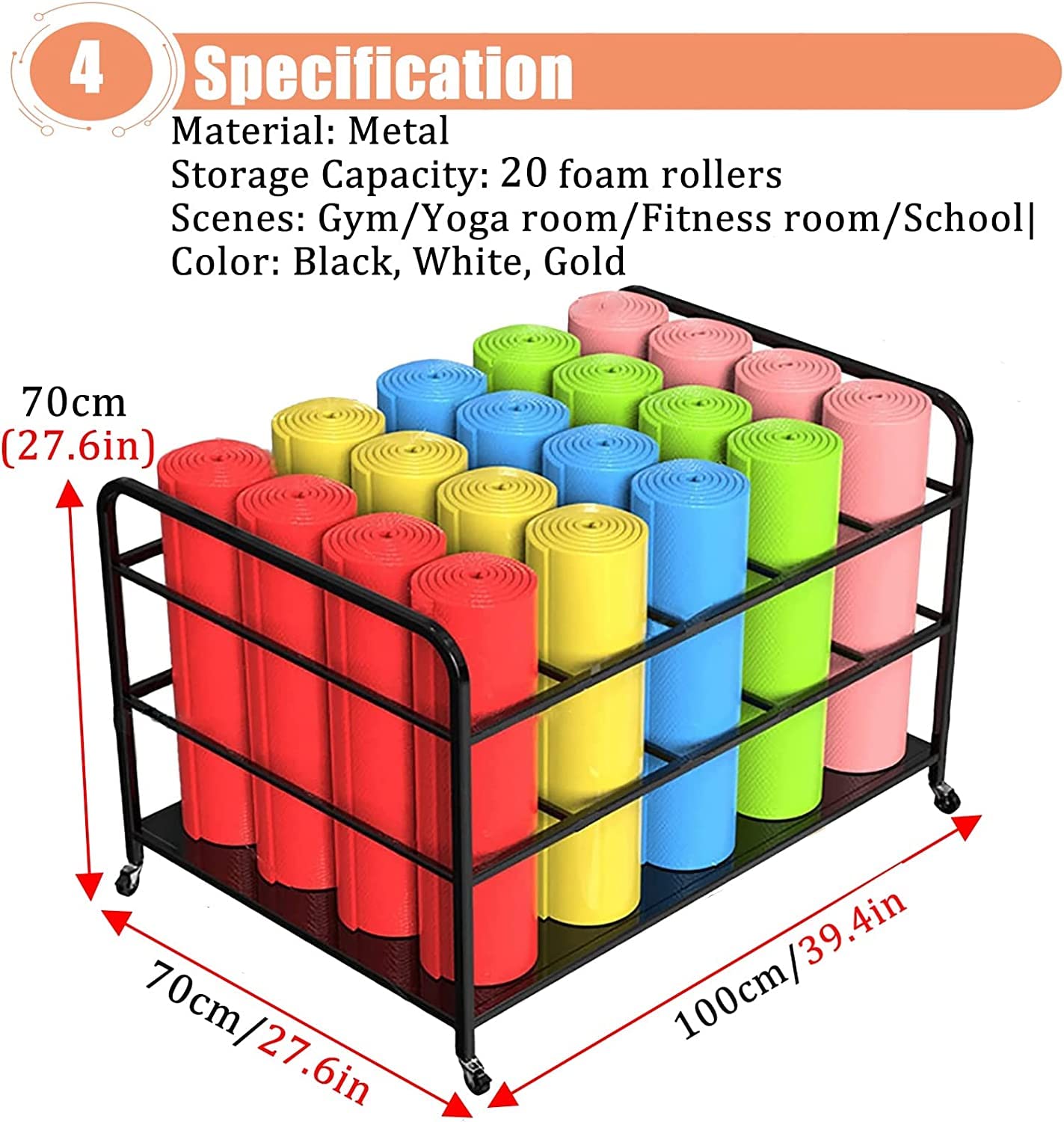 FEITJMMW Large Yoga Mat Storage Cart with Wheels, Floor Metal Yoga Mat Holder Basket, Gym Foam Rollers Organizer, for Gym/Yoga Studio Hold 20 Exercise Mats