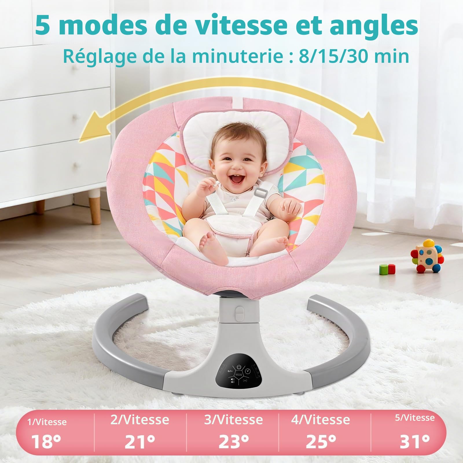 Bebe Balancelle Électrique avec Bluetooth, 5 Vitesses, 3 Angles, Télécommande, Écran Tactile et Plateau Amovible (Rose)
