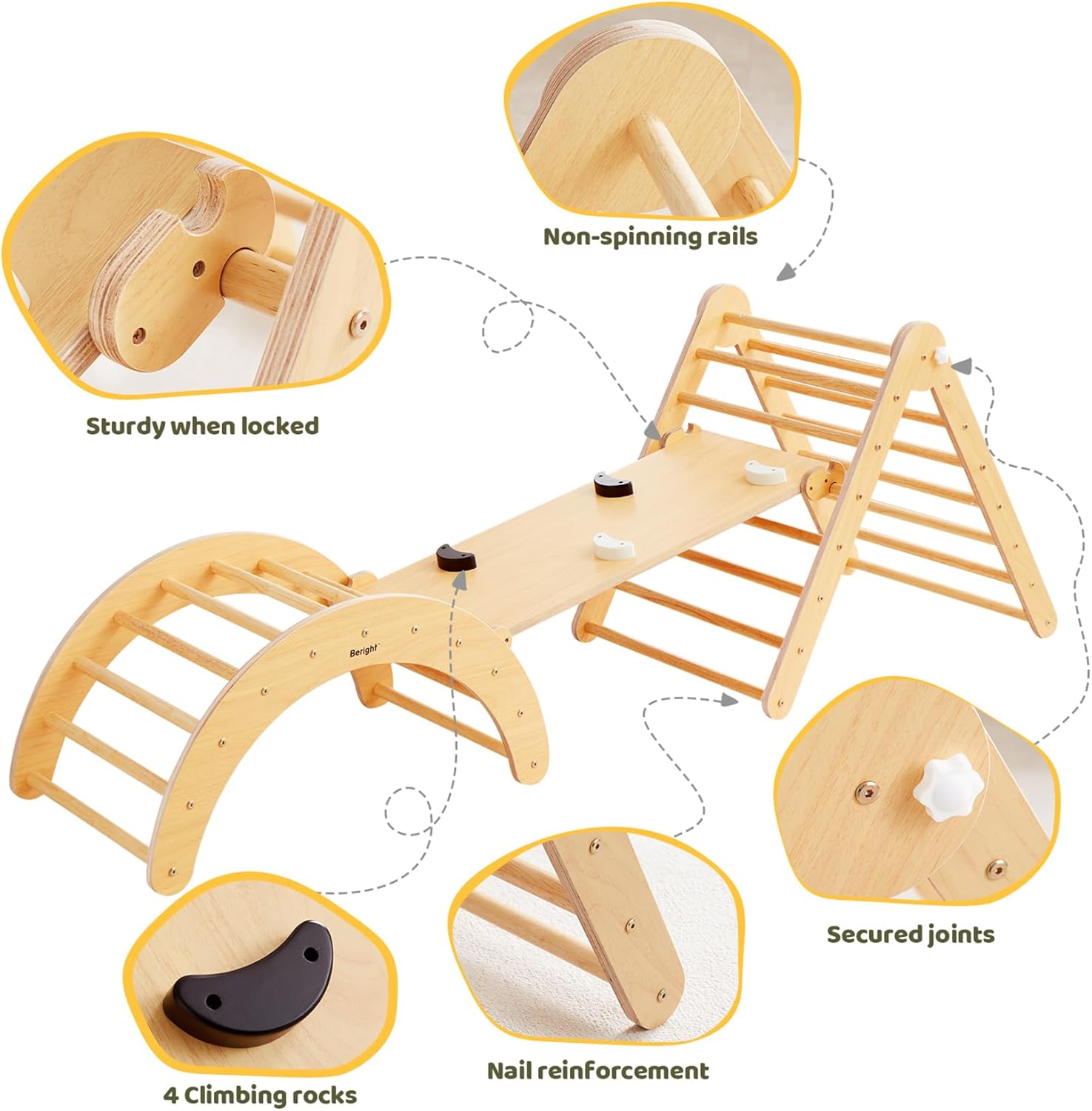 Beright 5 In1 Pikler Triangle Gym, Foldable Climbing Triangle Ladder Toys with Ramp, Indoor Climbing Toys for Kids, Play Gym, Arch Climber, Rocker, Learning Waldorf Children Toy Structure, Natural