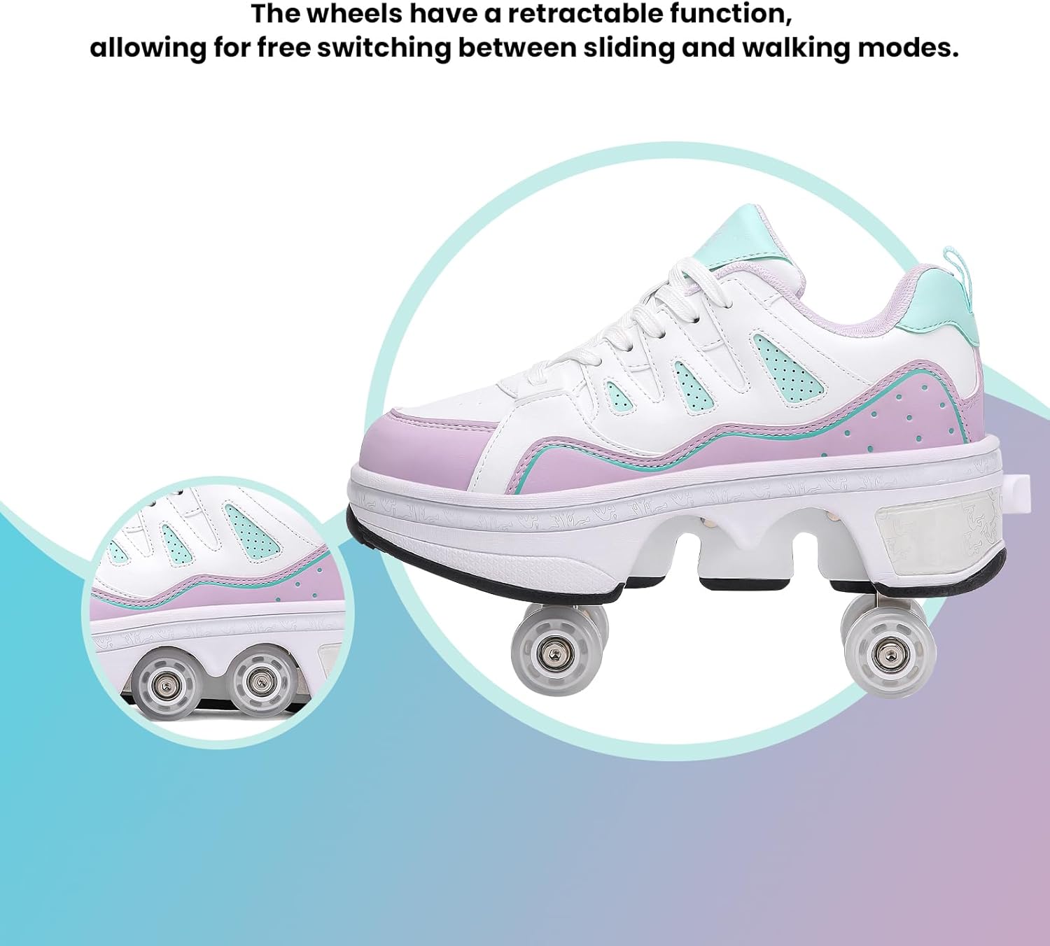 2-in-1 Unisex Roller Skate Shoes with Retractable 4 Wheels - Invisible Deformation & Removable Pulley, Ideal Retractable Roller Shoes for Women for Girls, Boys & Children