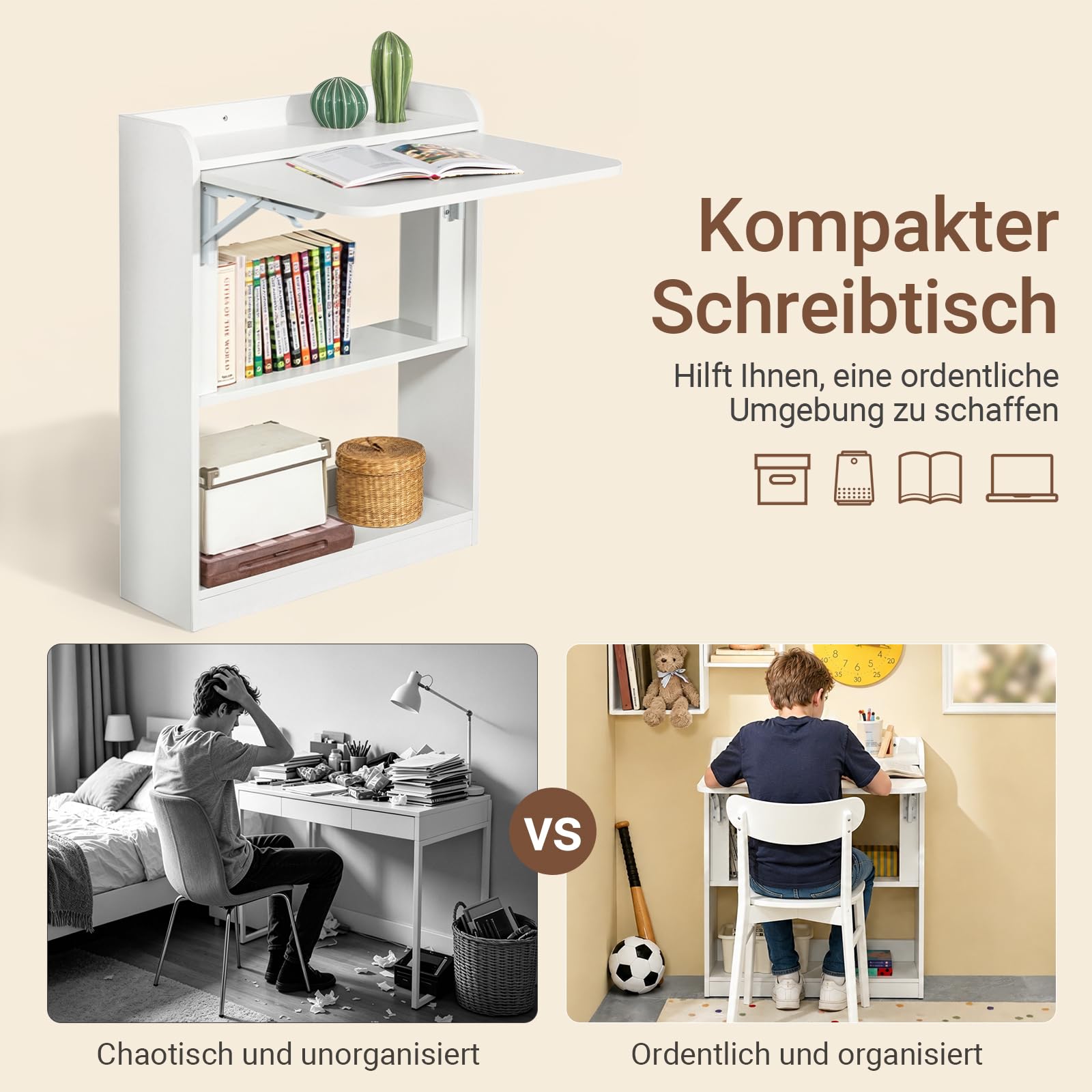 SoBuy Schreibtisch Klappbar mit 3 Ablagen Platzsparend 64x82x58cm Büro | Kleiner Schreibtisch mit Regal, Klapptisch mit 3 Ablagen für Platzsparendes Arbeiten, Wandtisch Weiß, FWT92-W