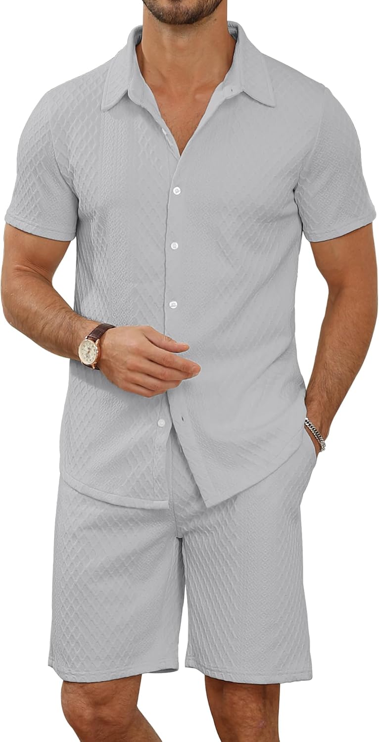 MLANM Men's 2 Piece Outfit Summer Short Sleeve Button Down Shirts and Shorts Sets with Pockets