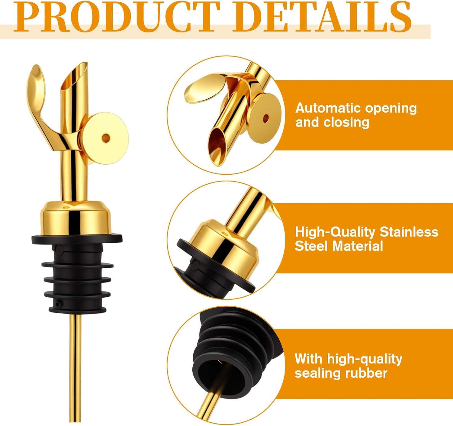 HJZHI 4Pcs Weighted Stainless Steel Bottle Pourers, Auto Flip Olive Oil Dispenser Spout Self-Closing Olive Oil Dispenser Spout for Olive Oil, Wine, Vinegar, Syrup Home Bar Accessories Gold Silver
