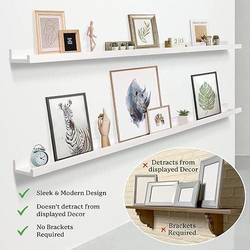 Miniatura 5 de Estante de repisa para pared [blanco, 60 pulgadas, paquete de 2] estantes flotantes estrechos para fotos e imágenes. Estante de madera con borde