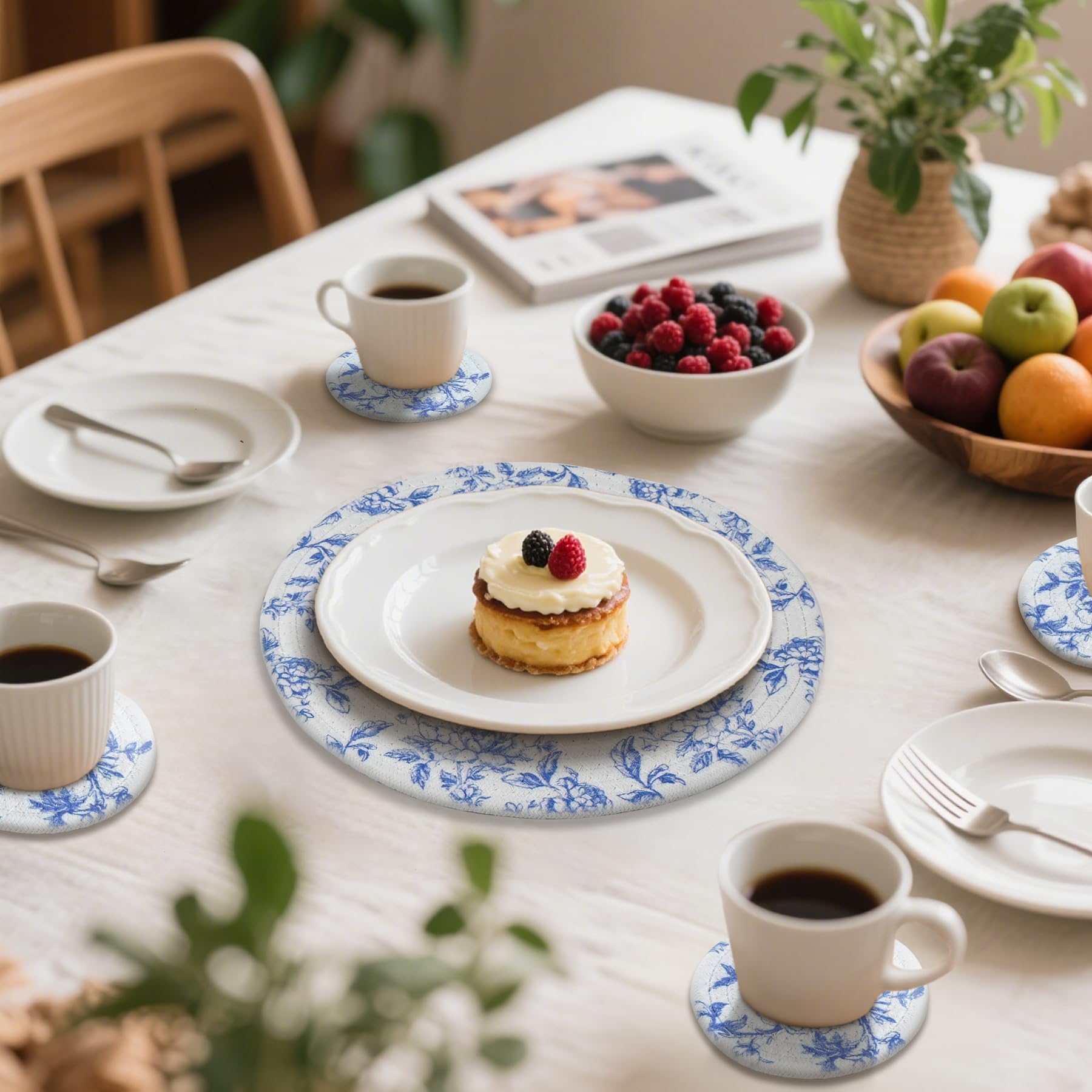 Chinoiserie Gewebte Platzsets, Untersetzer, Set mit 6 Stück, Blumenmuster, rund, Baumwollseil, Platzsets, Großpackung, blau und weiß, Tischsets, florales hitzebeständiges Tischset für Zuhause