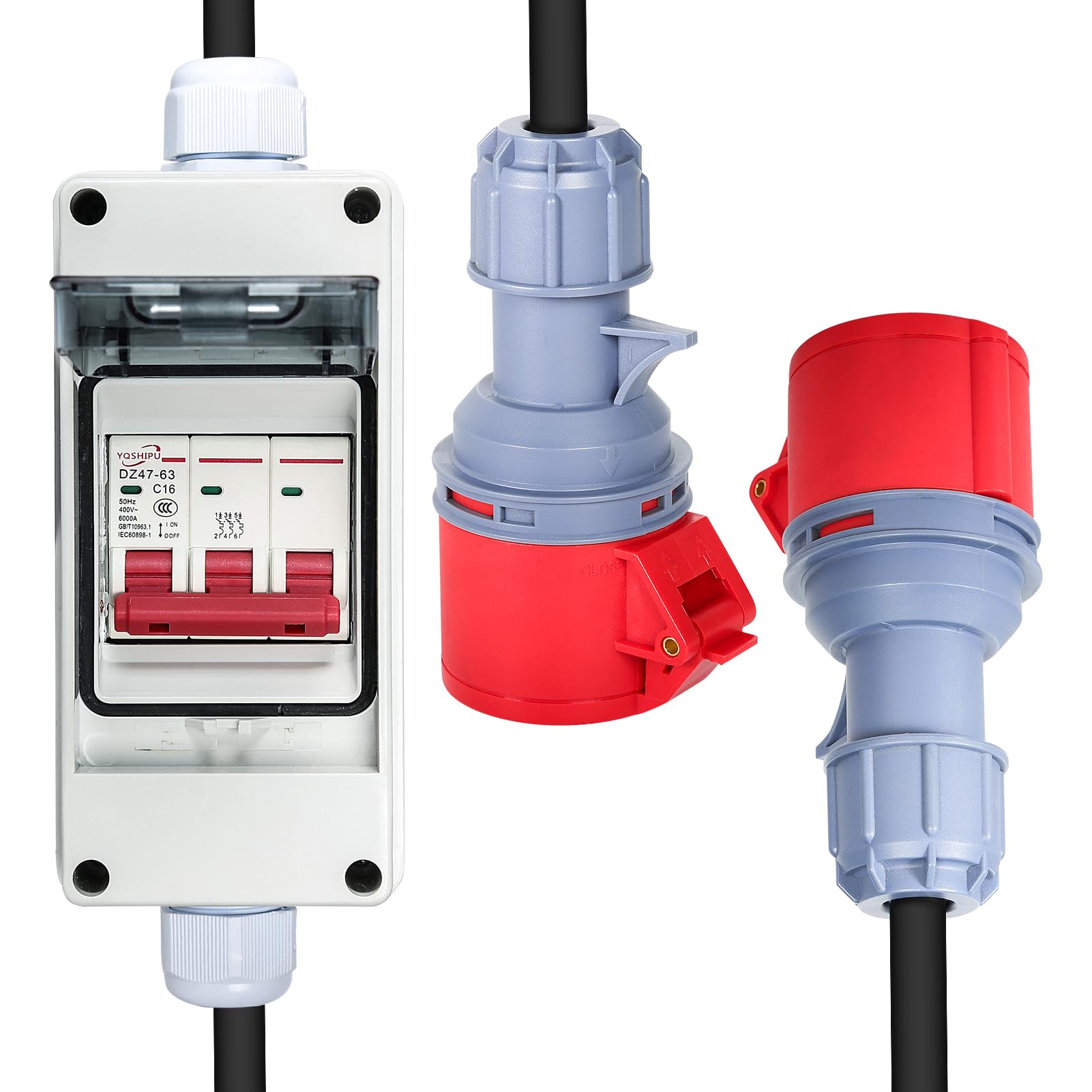 Adaptador cee 32A a 16A con Disyuntor trifásico Enchufe de 5 pines adaptador enchufe camping autocaravana Aacoplamiento de alta corriente 400V Grado de protección IP44