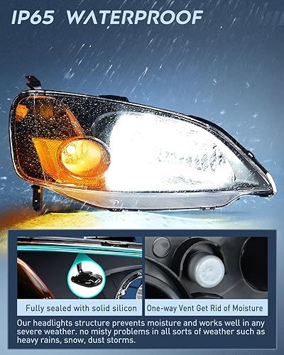 Miniatura 4 de Nilight Conjunto de faros delanteros compatible con Honda Civic 2001 2002 2003, carcasa negra, reflector ámbar, lente transparente mejorada, lado