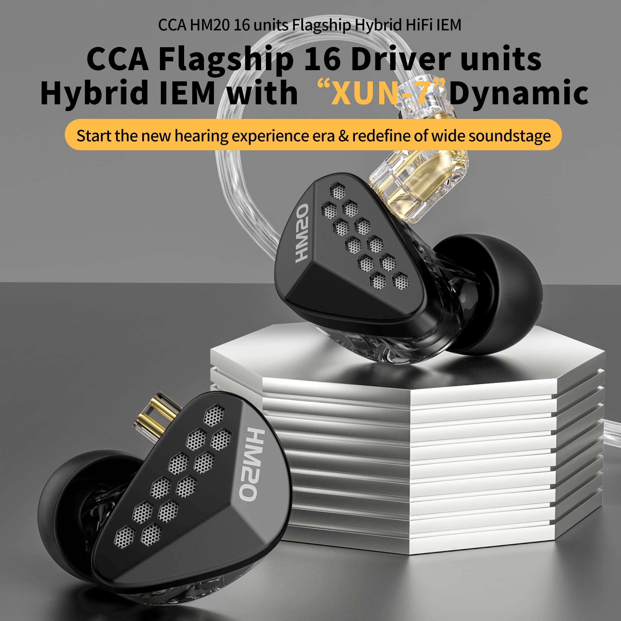 CCA HM20 Lot de 16 écouteurs intra-auriculaires hybrides HiFi stéréo à isolation phonique avec câble détachable pour musicien audiophile (noir, avec microphone)