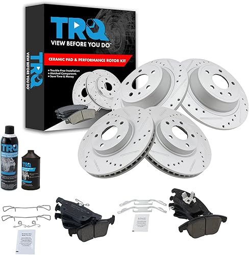 TRQ Kit de pastillas de freno y rotores de rendimiento delantero y trasero, kit químico de freno, pastillas de freno, rotores de freno cerámico con