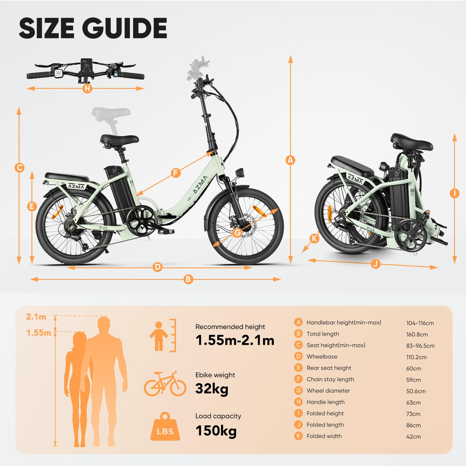 AZMA Bici Elettrica Pieghevole, 36V20.8Ah/15Ah Batteria Rimovibile, Autonomia di 100-150 Bicicletta Elettrica, 20" Fat Tire 7 Velocità Ebike Uomo Donna da per Montagna e Spiaggia