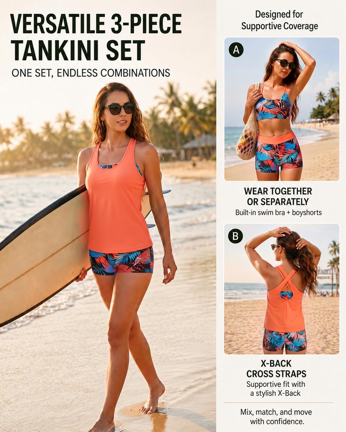 Women's 3 Piece Tankini Swimsuit Tummy Control Bathing Suit with Boy Shorts thumbnail
