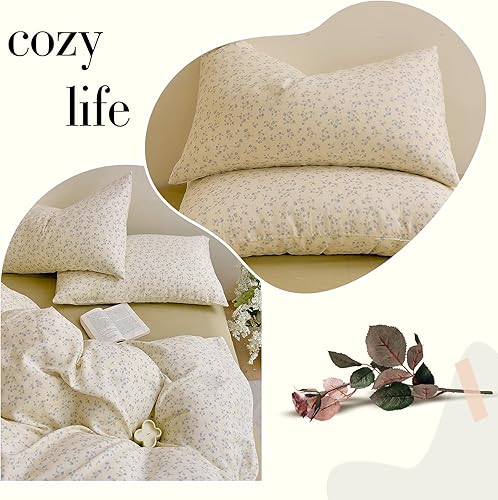 Miniatura 184 de 3 piezas de juego de funda de edredón tamaño individual XL, funda de edredón blanca con estampado floral azul, ropa de cama coquette de algodón