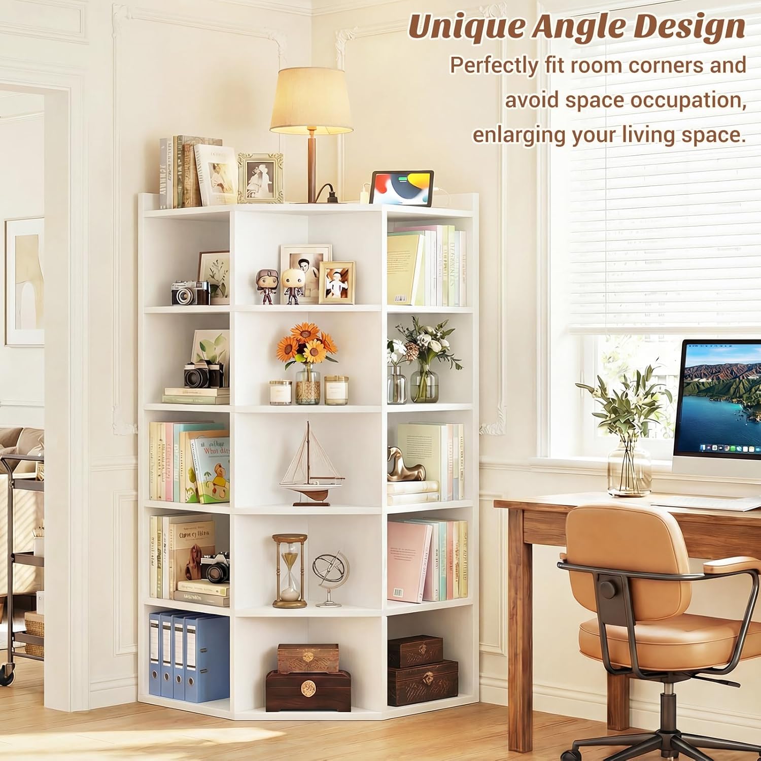 Aheaplus Corner Cube Book Shelf, 6-Tier Corner Cabinet with Power Outlets, Corner Cube Storage Shelf with Top Table, Wooden L Shaped Cubby Bookcase for Home Office, Bedroom, Living Room, White
