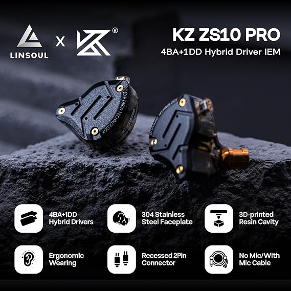 Linsoul KZ ZS10 Pro, 4BA+1DD 5 Driver in Ear Monitor, HiFi Wired Earbuds, Gaming Earbuds, Hybrid IEM Earphones with Stainless Steel Faceplate, Detachable Cable for Musician(Without Mic, Dark Black)