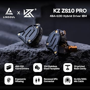 Linsoul KZ ZS10 Pro, 4BA+1DD 5 Driver in Ear Monitor, HiFi Wired Earbuds, Gaming Earbuds, Hybrid IEM Earphones with Stainless Steel Faceplate, Detachable Cable for Musician(Without Mic, Dark Black)