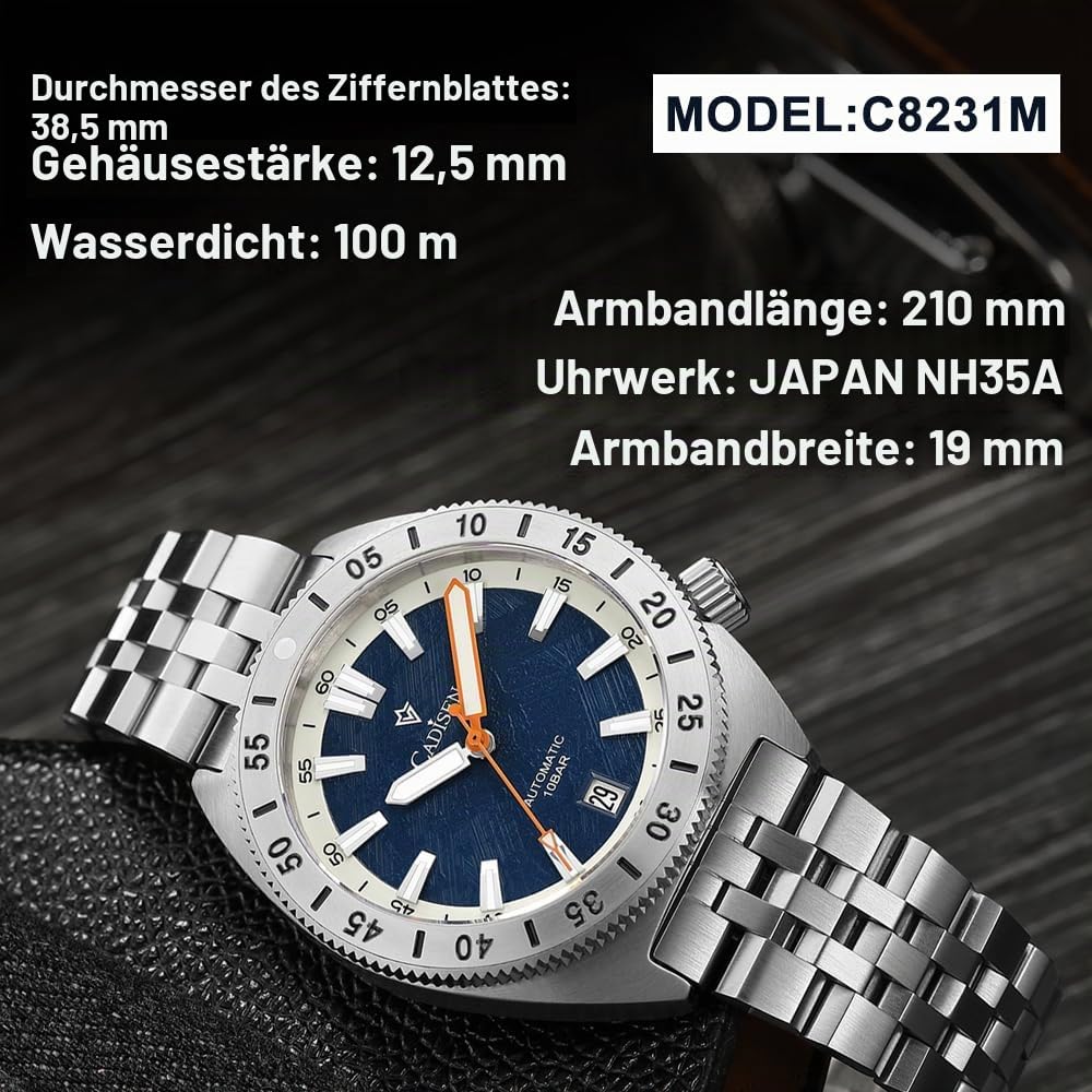 CADISEN Automatik Uhr Herren Mechanische Automatikuhr Saphirglas Klingeln Wasserdicht Homage Edelstahl Armband
