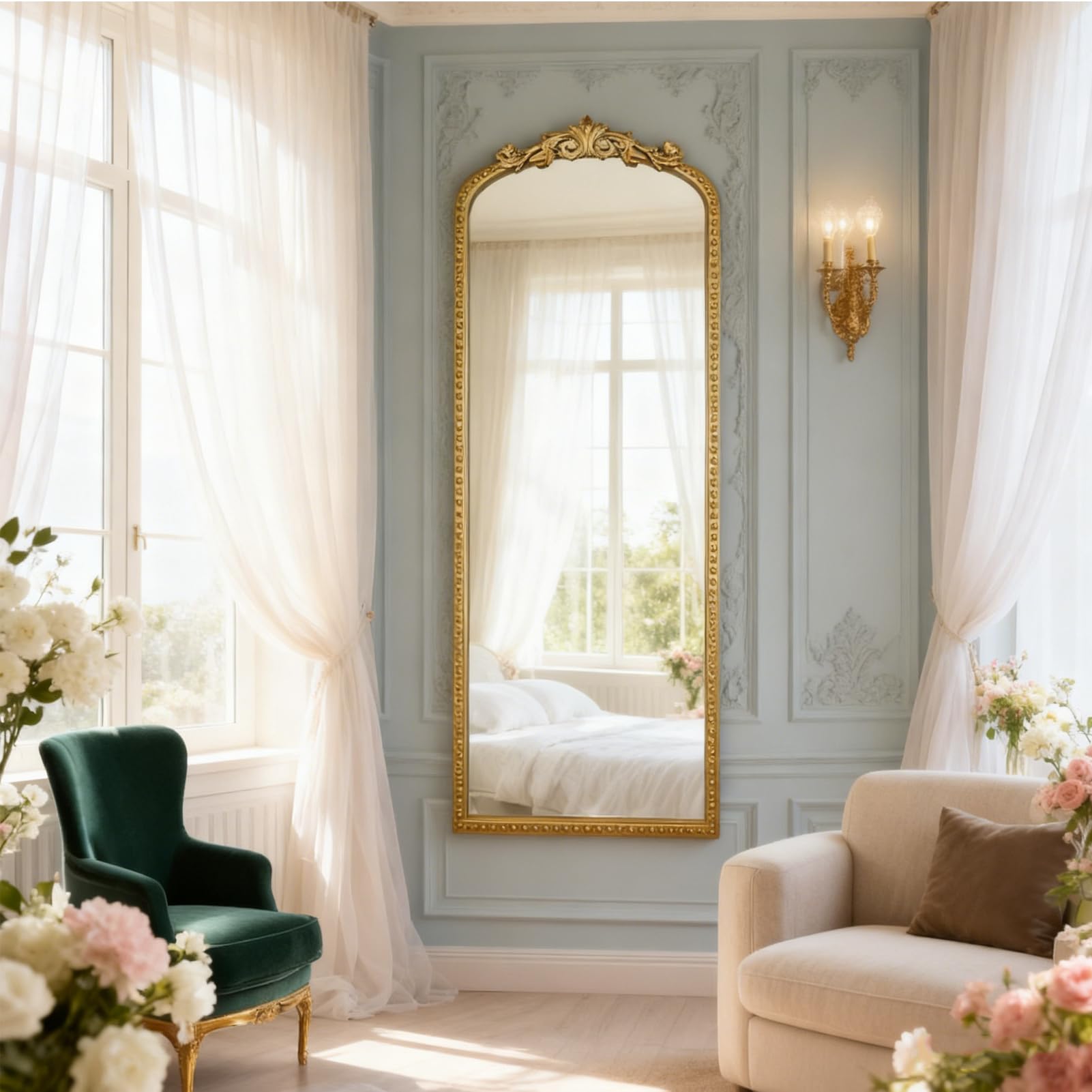 gold arched full length mirror, 65?x 22? large vintage floor mirror, antique vanity wall mirror with decor for living room, bedroom