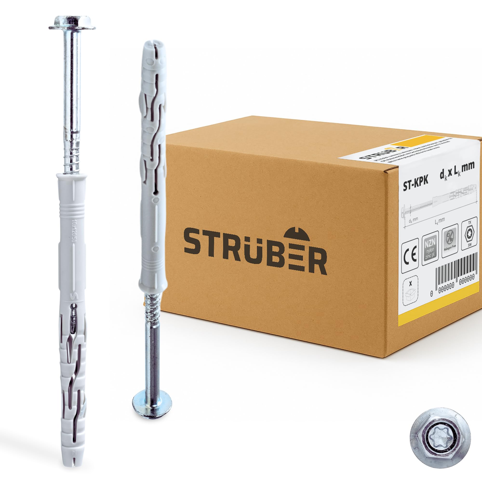 STRÜBER Rahmendübel mit Sechskantschraube & Scheibenkopf mit SW/TX-Buchse (10x100 mm / 50 Stück) Torx - Fensterrahmendübel - Langschaftdübel - Wandrahmenbefestigung - Nylondübel - ETA Zulassung