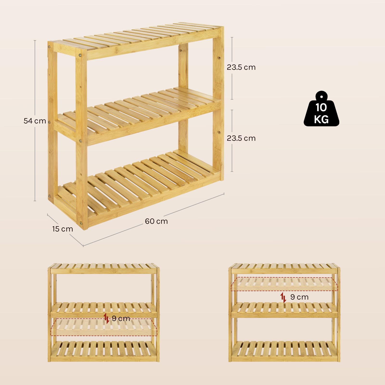 WOLTU Bambus Regal, Hängeregal, Badregal, Wohnzimmerregal, Badezimmerregal stehend, Bücherregal, Schuhregal, verstellbare Ablage, mit 3 Ebenen, 60x54x15 cm, Naturfarbe