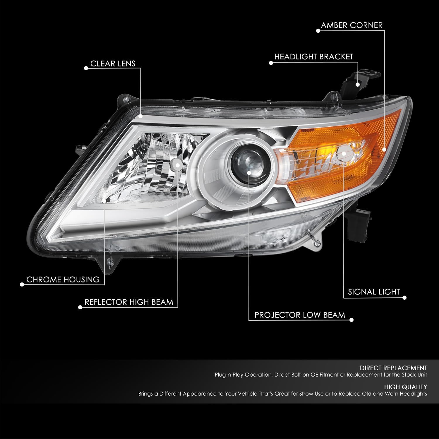 DNA MOTORING Left OE Style Projector Headlight Compatible with 11-13 Honda Odyssey,Chrome/Clear/Amber,OEM-HL-0235-L