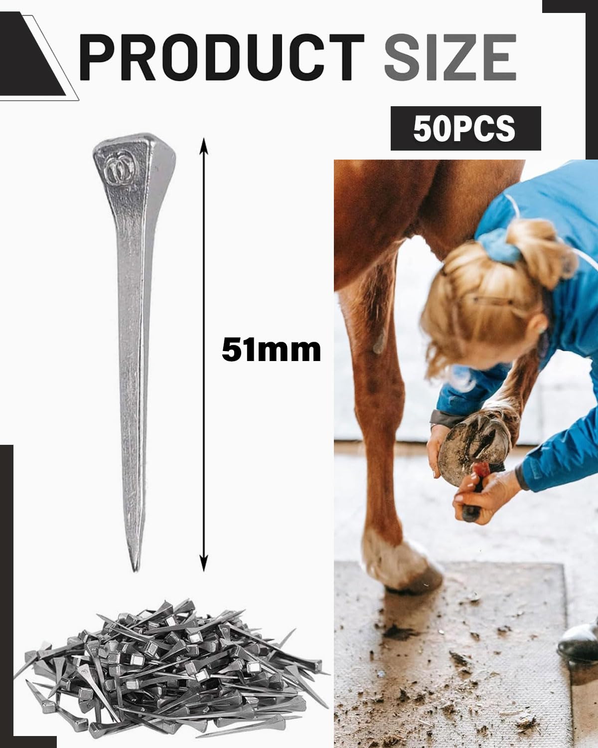 50 Piezas Clavo de Herradura, 51 mm Clavos de Acero de Caballo, Acero Carbono, no Fácil Oxidar, Caballo Clavo de Pezuña para Arreglar Herraduras, Plateado