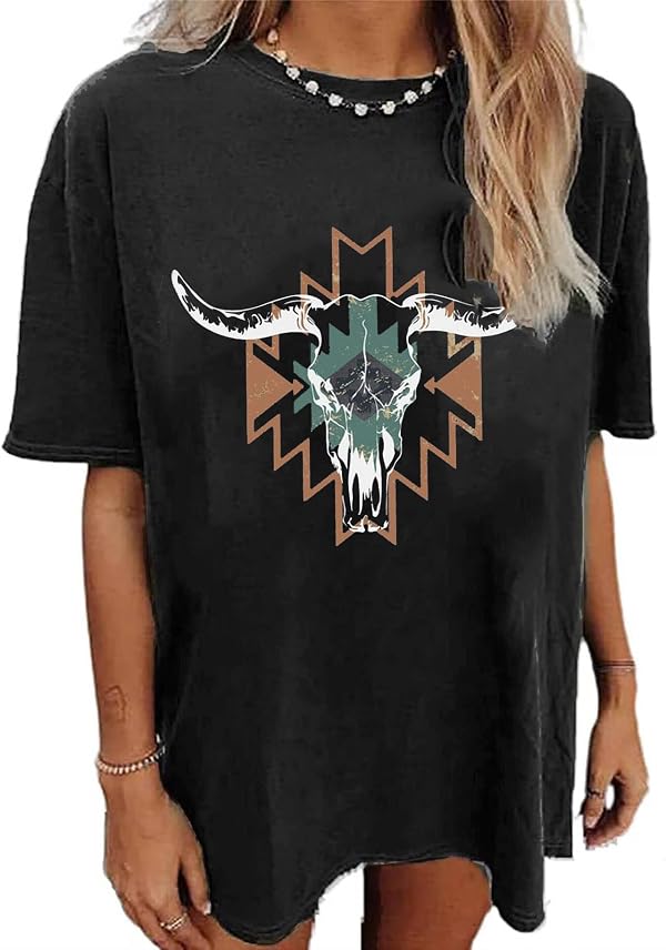Oversized Wild West Cowboys T-Shirt for Women Western Rodeo Graphic Tee Short Sleeve Loose Vintage Country Music Tee Top (X-Large,Black-1) by Yuaelria - Used condition - US$9.08
