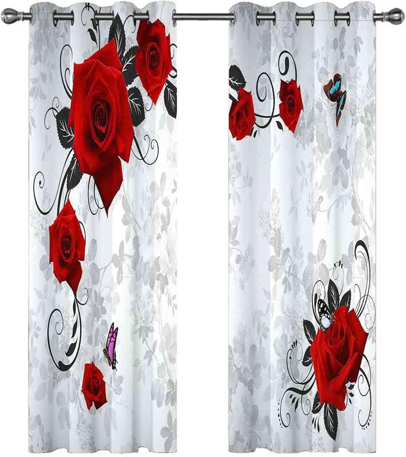 Butterfly Blackout Curtains, Red Rose 3D Printed Drapes, 2 Panels Window Curtains, Thermal Insulated Drapes Darkening Window Curtain for Bedroom Living Room 31.5W x84 L*2