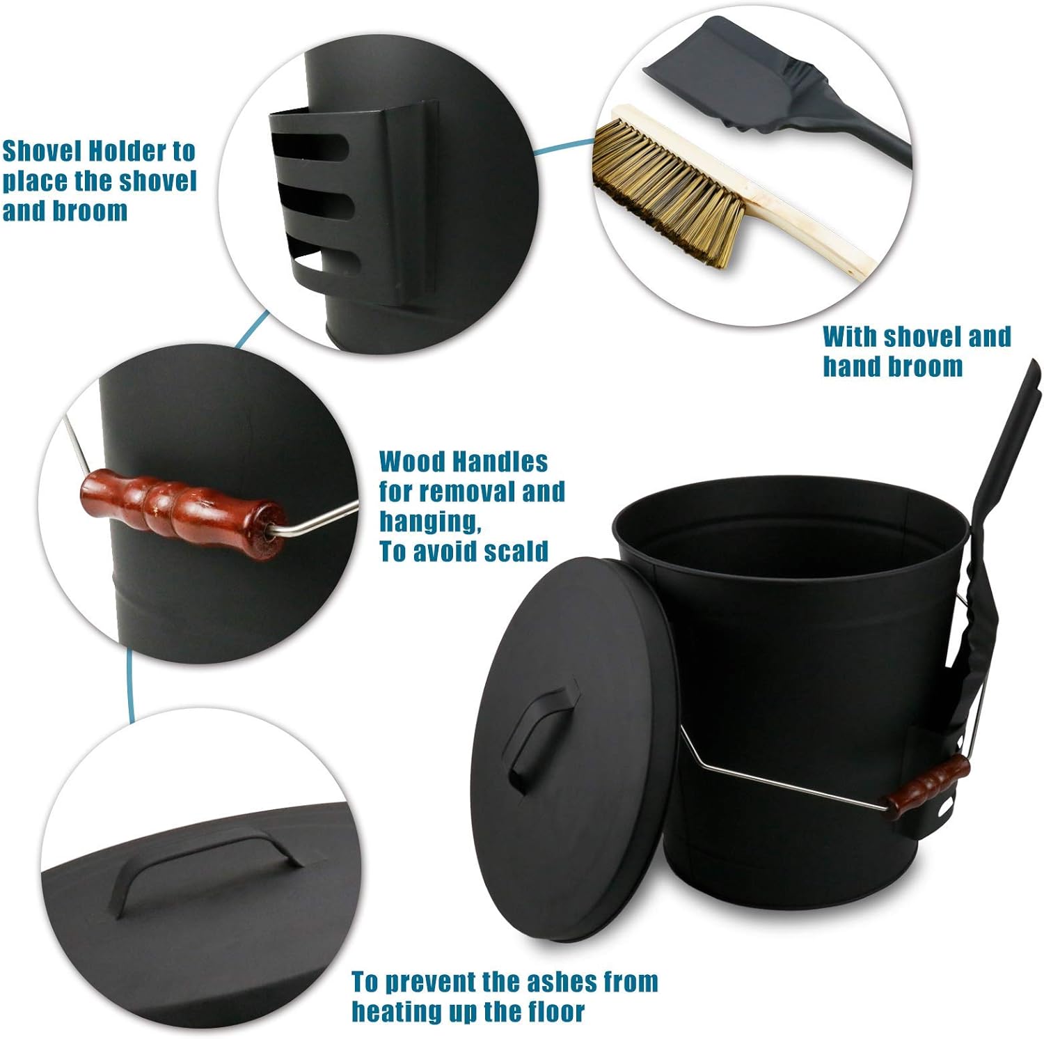 Uniflasy Ash Bucket with Lid, Shovel and Hand Broom, 5.2 Gallon Metal
