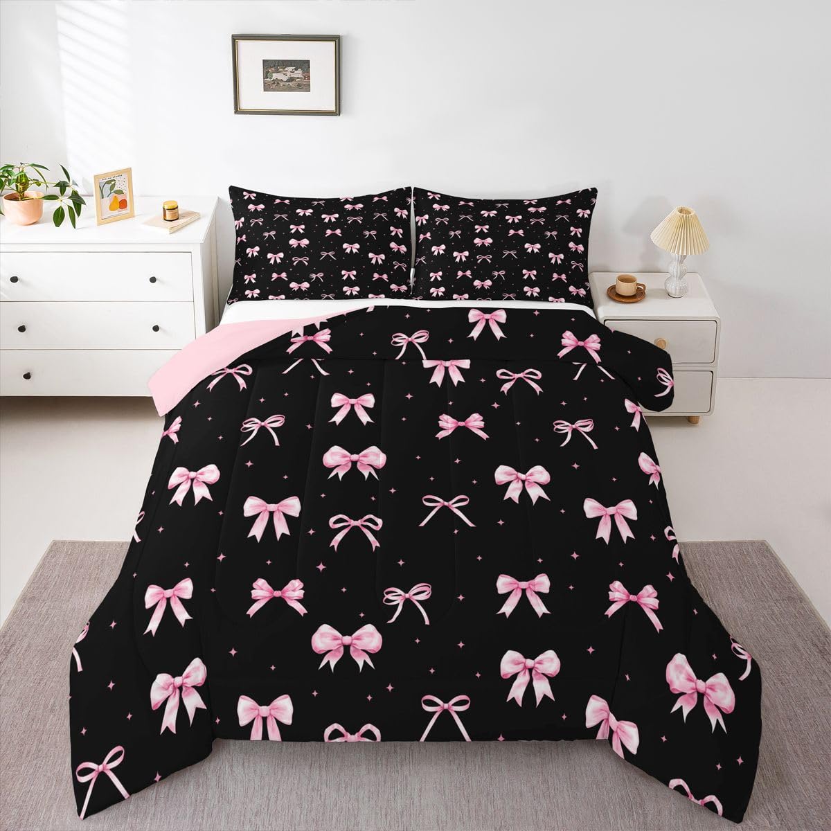 Edredón con lazo rosa y negro juego de cama estilo princesa para habitación juvenil de moda