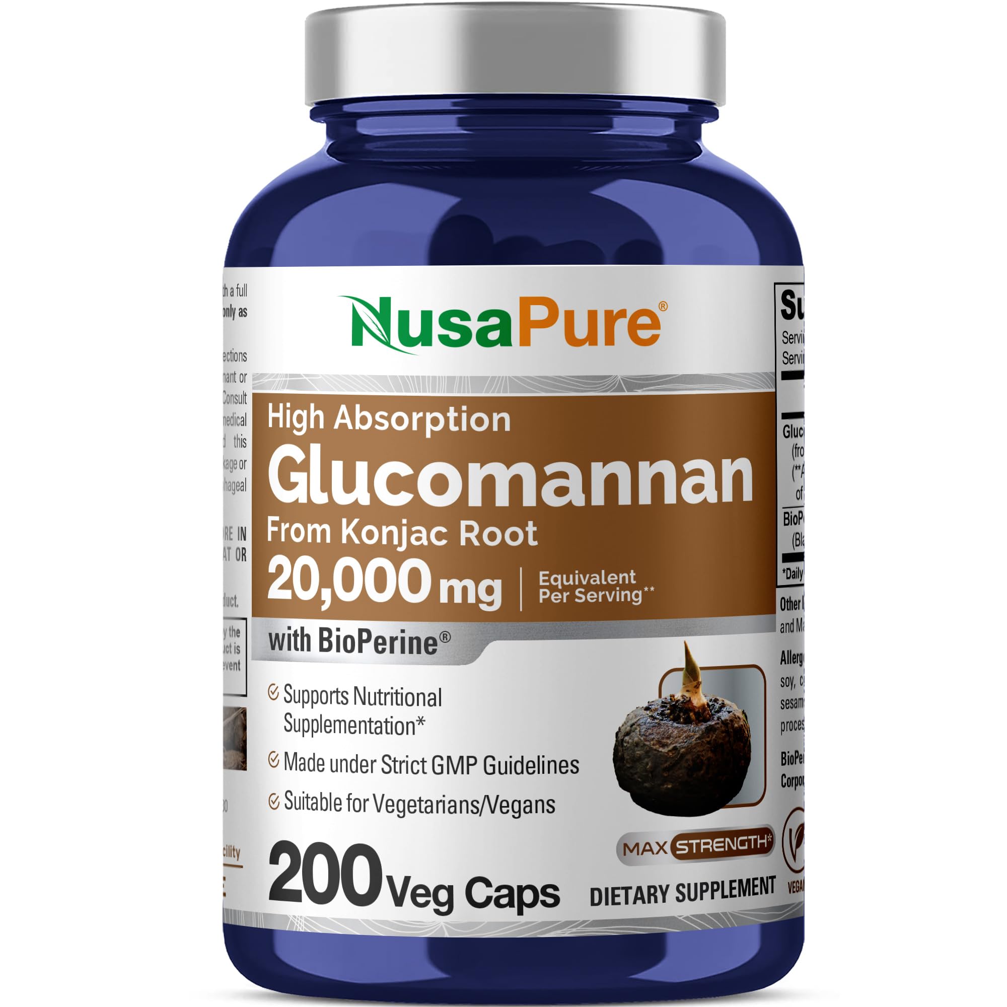 Glucomannan 20,000 mg per Serving 200 VCaps (20:1 Extract, BioPerine Non-GMO, Vegan) Konjac Root