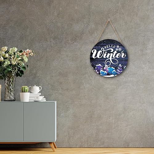 Miniatura 4 de Letrero redondo de madera con texto en inglés Hello Winter de 11.8 pies, decoración rústica de pared y puerta, decoración de invierno para el hogar
