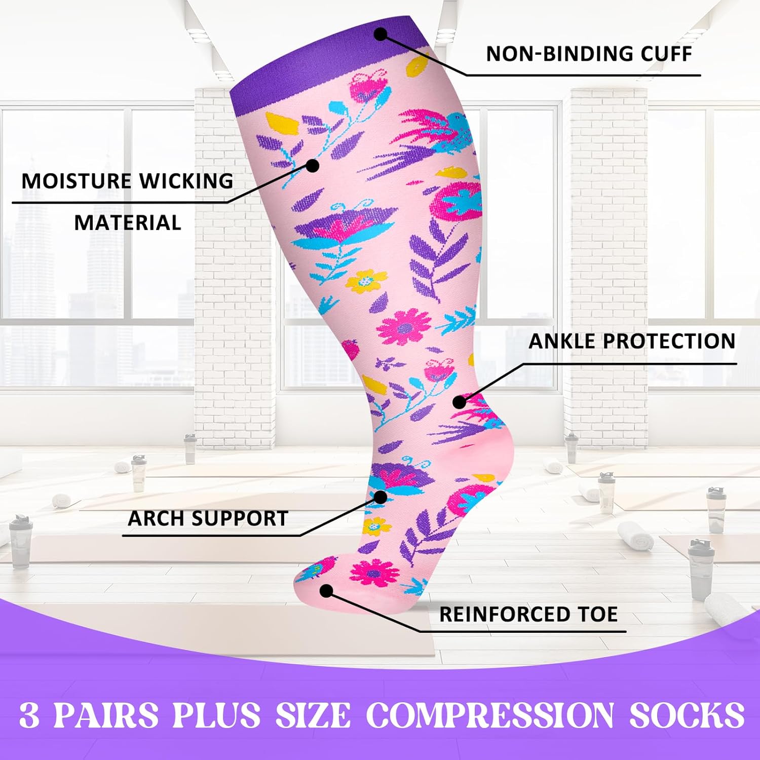 3 Pairs Plus Size Compression Socks for Women Wide Calf Extra Large Knee High Support for Travel,Yoga, Running - Image 4