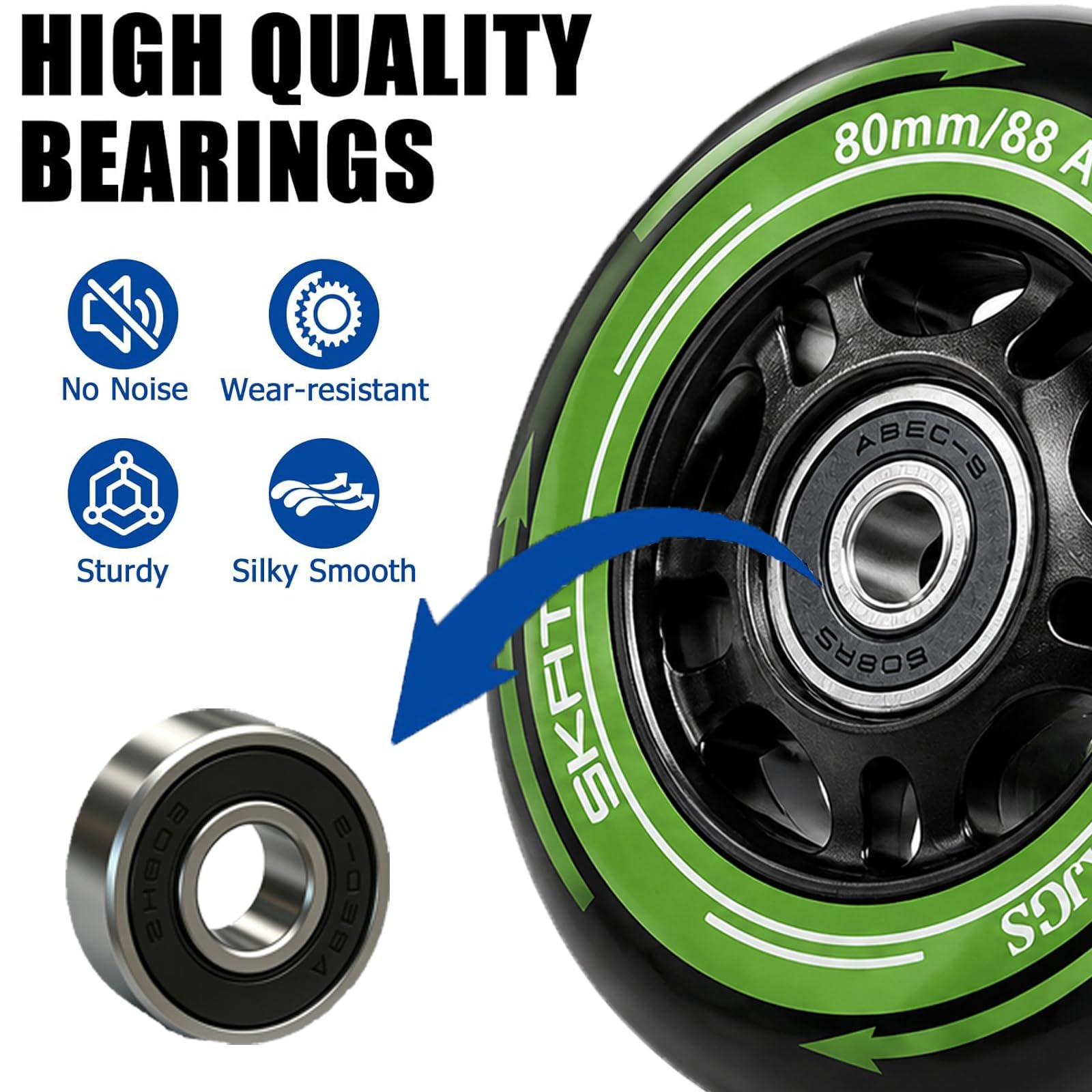 Lot de 8 Roues de Rollers en Ligne, 80mm, Roues de Patinage 88A SHR PU, Roulettes de Roller Avec Roulements ABEC 9, Roues de Rechange pour Roller Pour K2 Gonex Hudora Apollo Inline Skate