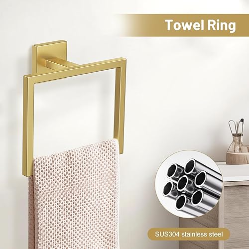 Miniatura 4 de TURS Juego de 5 accesorios de baño de oro cepillado de 23.6 pulgadas, juego de toallero cuadrado montado en la pared, soporte de papel higiénico