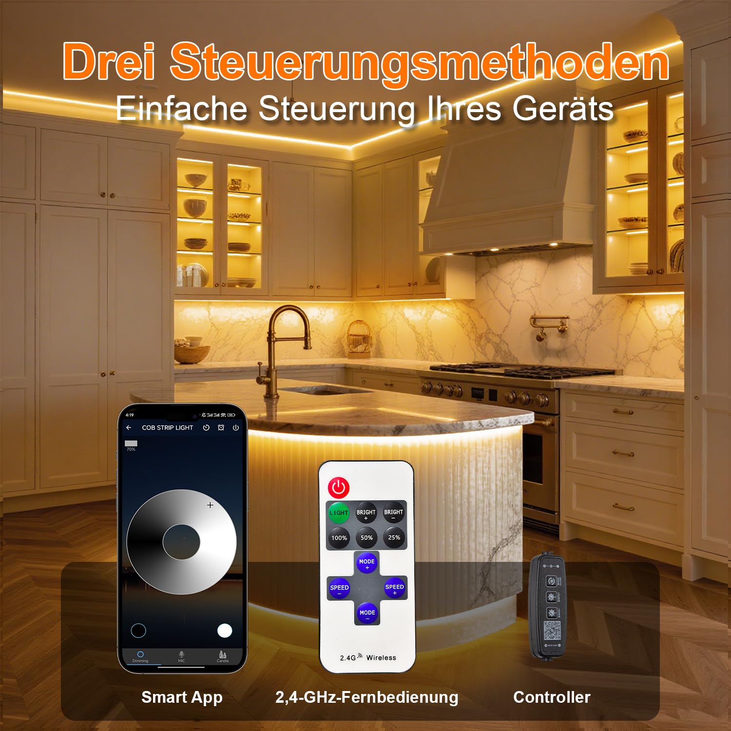 30M Cob Led Streifen, 2700K Dimmbar Led Streifen Warmweis CRI90+ mit App und Fernbedienung geliefert. Cob LED Strip eignet sich für die Innenbeleuchtung in Schlafzimmern, Wohnzimmern, Küche und mehr
