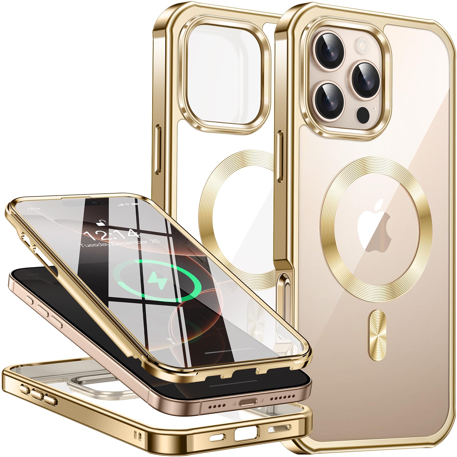 【両面保護・MagSafe対応】FONKCASE iPhone16 Pro Max 用 ケース ストラップホール付き【本体の色・CDリング】メッキバンパー クリア PC背面 黄変防止 アイホン16プロマックスケース 全面保護 カバー 耐衝撃 タッチ感度良い ワイヤレス充電対応 人気 アイフォン16 Pro Max 用 カバー 6.9インチ（ゴールド）