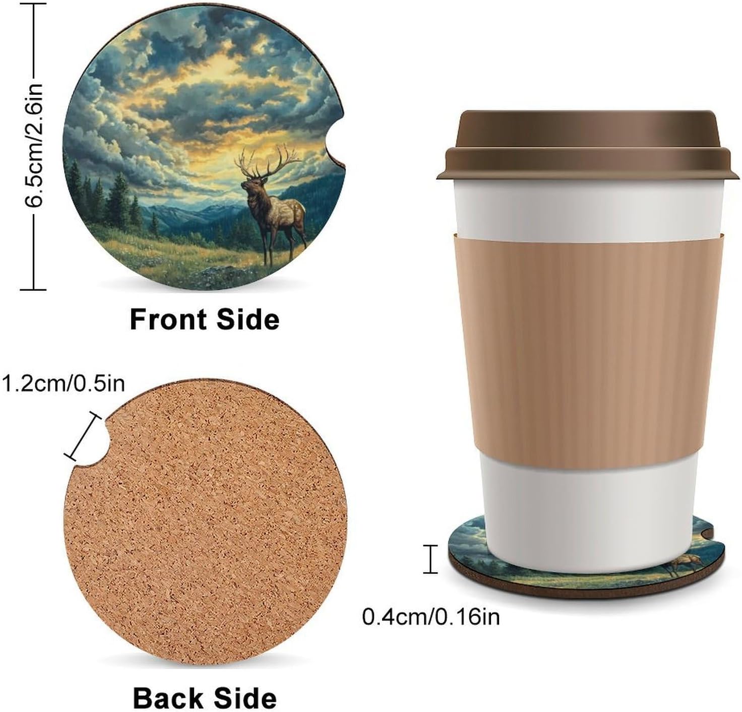 Deers Elks Dusk Clouds Forests Car Cup Holder Coaster with Cork Base 2.6 Inches Anti Slip