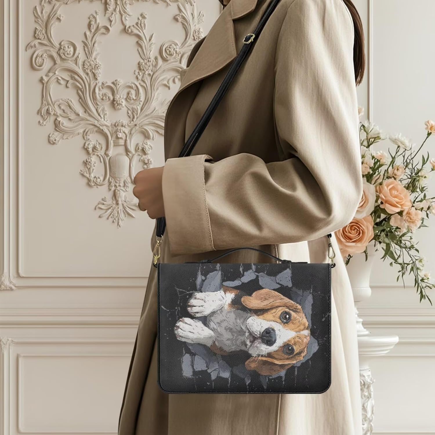 3D Beagle Dog Print Pu Leather Bible Case for Men Women Sturdy Bible Bag with Bookmark Wasterproof Journal Case with Adjuatable Strap Pocket for Christian, L