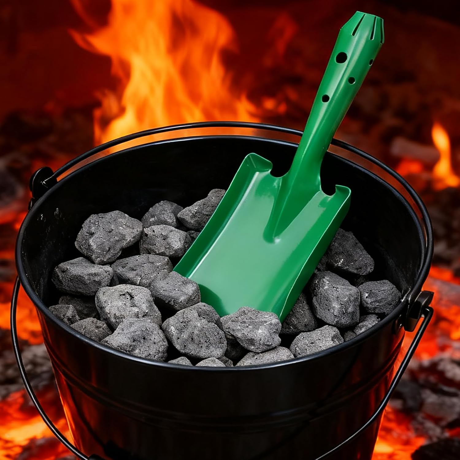 Ciieeo Green Fireplace Ash Shovel, Small Metal Coal Scoop for Wood Stove Fire Pit Short Hand Tool for Cleaning BBQ Charcoal Gardening Soil Flat Head Design