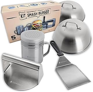 Kit Smash Burger 1 esmagador de hambúrgueres, 1 espátula de aço inoxidável, 2 sinos para hambúrgueres e 1 polvilhador de especiarias, certificado EU adequado contacto com alimentos