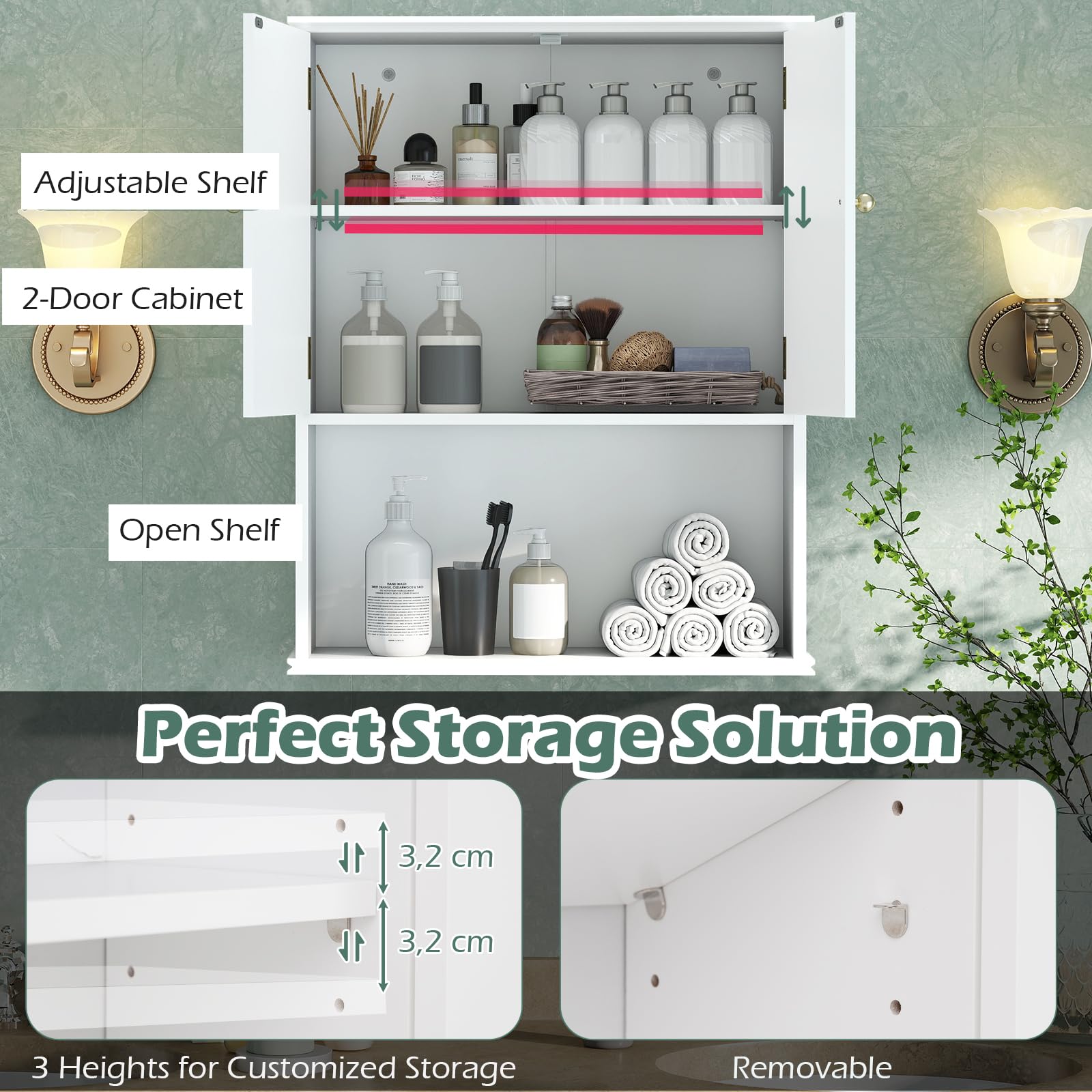 LIFEZEAL Mobiletto Bagno Salvaspazio da Parete, Bianco, Pensile Bagno Sospeso, Armadietto, con Ripiano Regolabile, Scomparto Aperto, Mobile, Moderno, per Cucina, Lavanderia, in Legno, 60x21x75cm