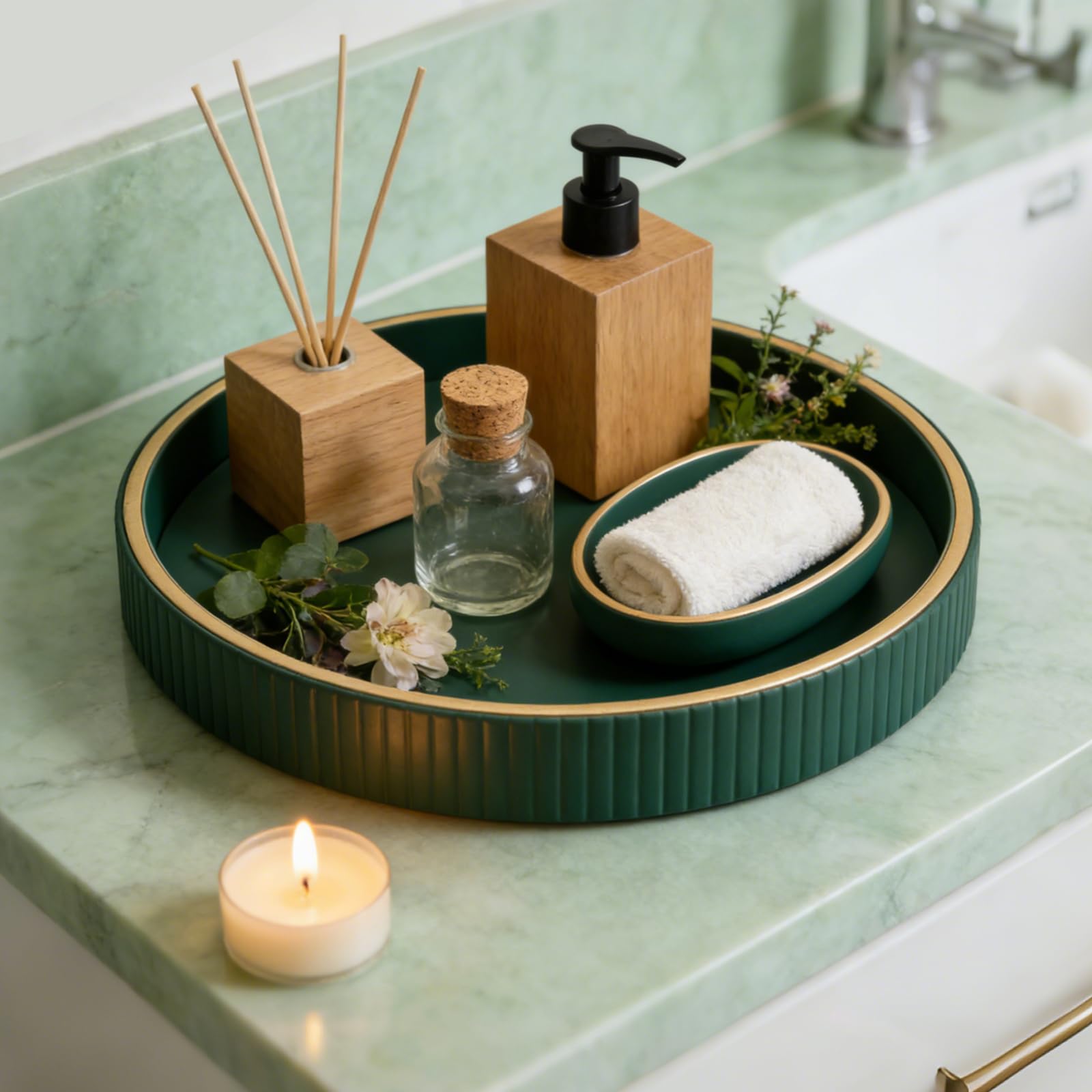 SANZIE Vassoio in pelle da scrivania, organizer di alta qualità, vassoio decorativo per cosmetici, chiavi, telefono, portafoglio posate (disco verde)