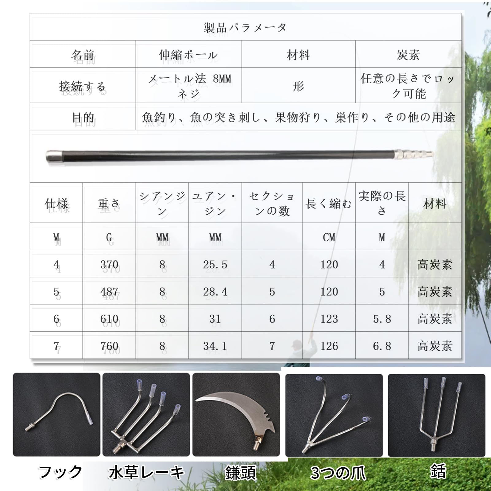 Amazon.co.jp: 3M-10M 超軽量 伸縮ポール、高炭素、強力な耐荷重、軽量