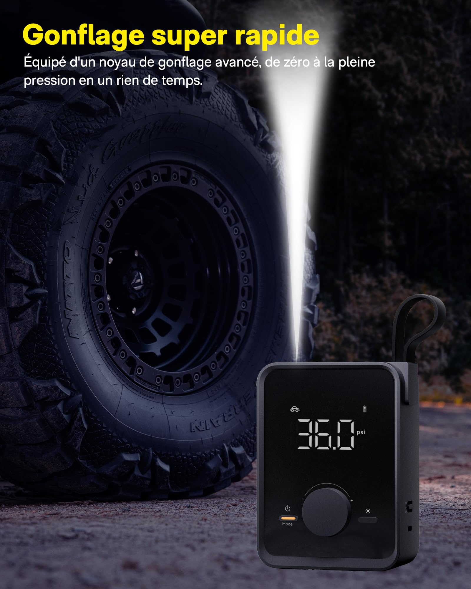 HOTO Gonfleur pneus pro 120PSI 12V DC 7500mAh, compresseur air portable LED | Mini pompe à air pour gonfler voiture, moto, bicyclette et ballons sport