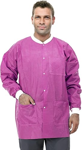 Miniatura 8 de Chaquetas de laboratorio desechables de grado dental, SMS duraderas, múltiples capas, 45G, longitud de la cadera con bolsillos y puños de punto,