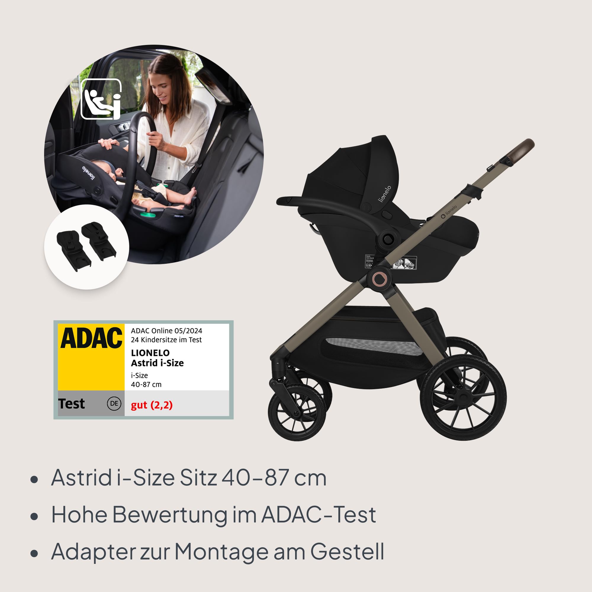 Lionelo Layla Kinderwagen 3 in 1 (0-4 Jahre, 0-22 Kg) Reisesysteme Set mit Babyschale I-Size 40-87 Cm, Babywanne und Sportsitz, Liegeposition, Federung, PU-Räder, UPF50+ Verdeck
