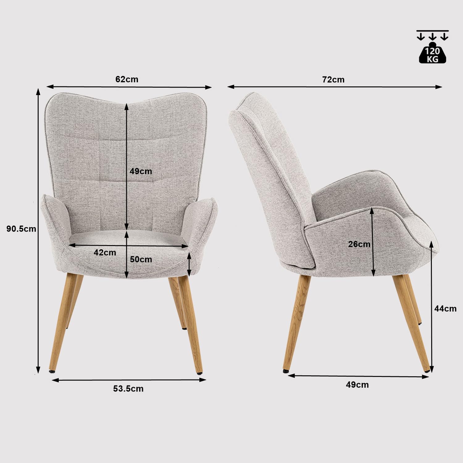 MEUBLE COSY Poltrona Imbottita Sedia da Salotto con Braccioli Poltroncina Relax con Schienale Alto e Cuscino Spesso Gambe in Metallo per Soggiorno in Tessuto Grigio